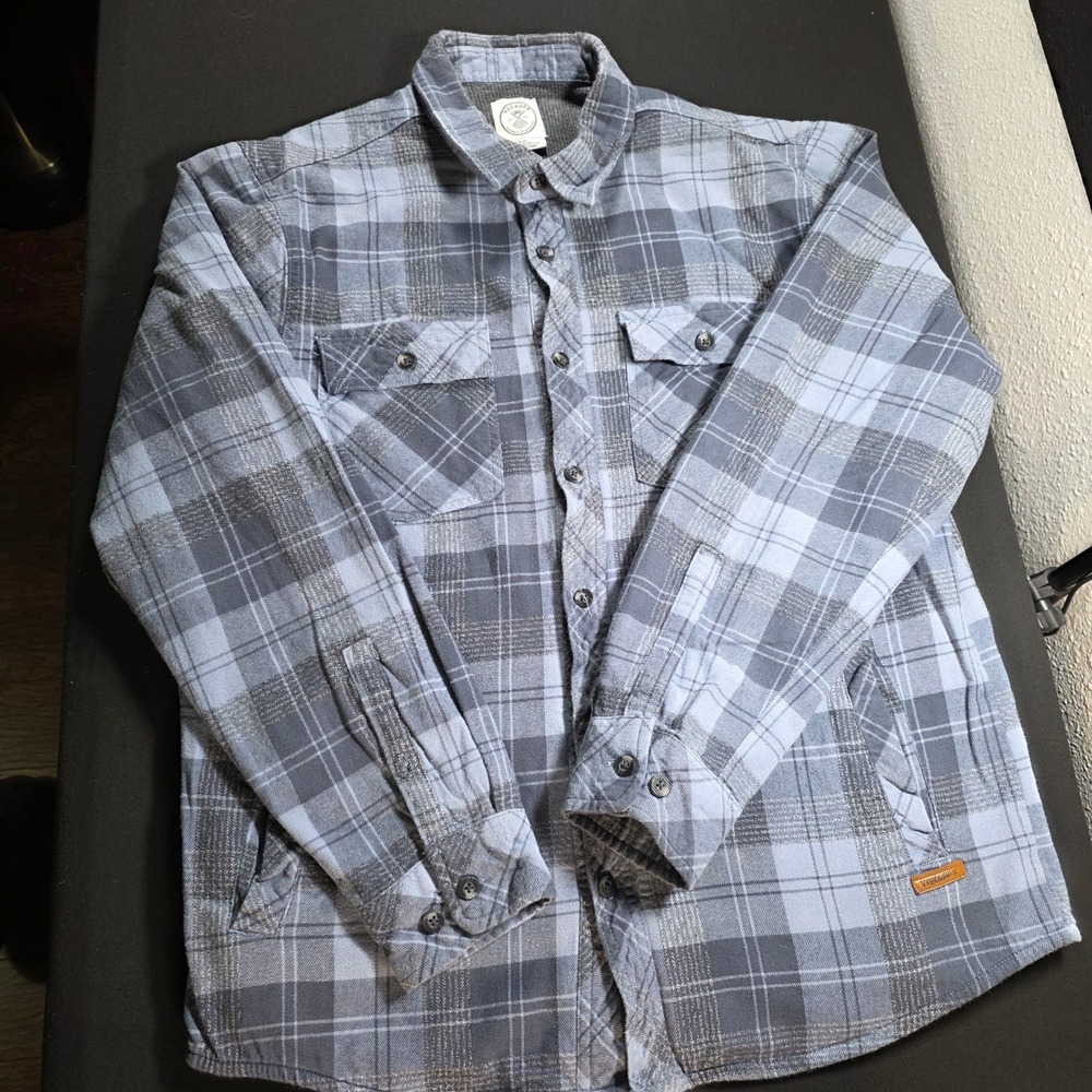 Voyager Mens Blue Grey Plaid Thermal Lined Flannel Shirt Jacket Shacket Medium